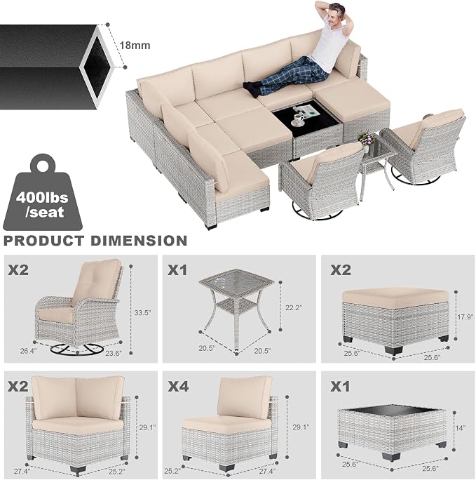 12-Piece Patio Furniture Set, Outdoor Patio Furniture with Swivel Chairs Set, Ottomans, Modular Patio Sofa, Dual-Strand Wicker Rattan, Rust-Resistant Frame, Khaki