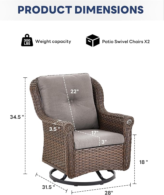 Patio Swivel Chairs Set of 2-High Back Swivel Rocker Outdoor Chair Patio Chair for Deck Porch Lawn Garden Backyard-Brown/Grey