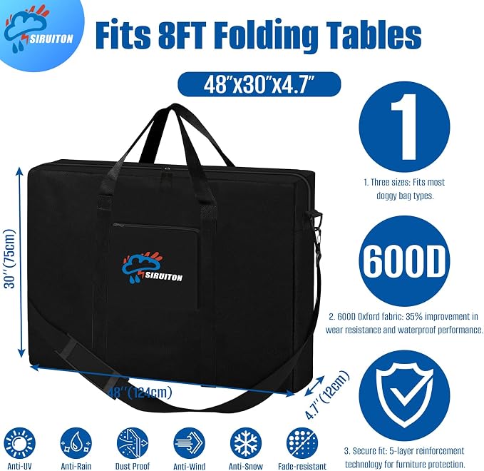 SIRUITON Folding Table Storage Bag, Portable 600D WaterProof Carry Bag for Folding Picnic/Camp Tables with Reinforcing Plate & Shoulder Strap, 48" D x 30" W x4.7 H Fits 8FT Folding Tables(bag only)
