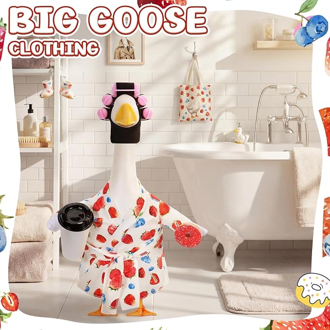 Shyyween Summer Lady Porch Goose Outfit for 23 Inch Cement Plastic Goose Statue Clothes Strawberry Blueberry Bathrobe Coffee Cup Curlers for Outdoor Decoration