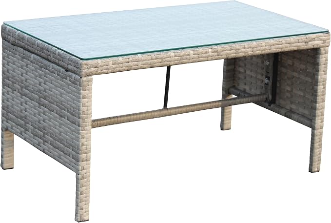 31.1" Outdoor Patio Side Table – Low Rectangle Coffee Table with Tempered Glass Top, Outdoor Wicker End Table for Backyard Deck Patio, 180 lbs Capacity, Grey