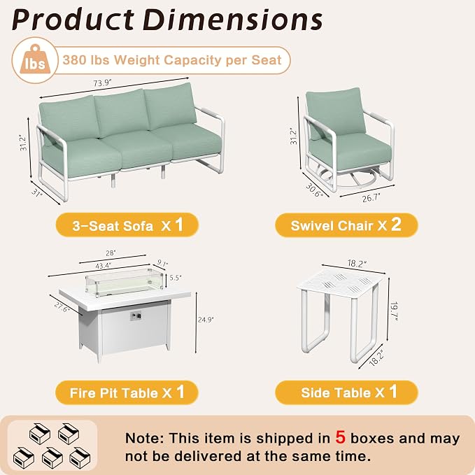 5-Seat Aluminum Patio Conversation Sofa Set with 2 Swivel Rocking Chairs & Oversized Fire Pit Table (Glass Wind Guard), All-Weather for Balcony, Garden, White
