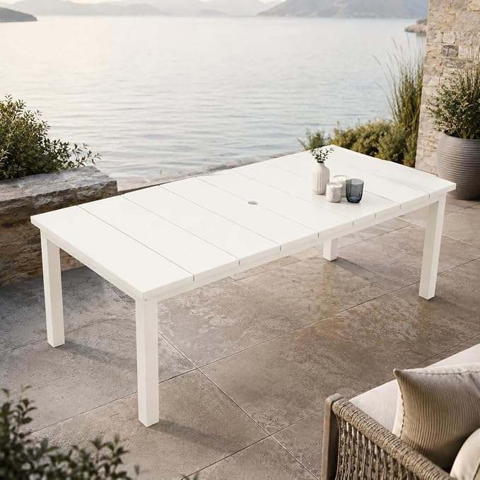 75.2" Outdoor Dining Table for 4-6 People, Patio Dining Outdoor Table with Umbrella Hole, All Weather Patio Table for Backyard, Deck and Garden, White