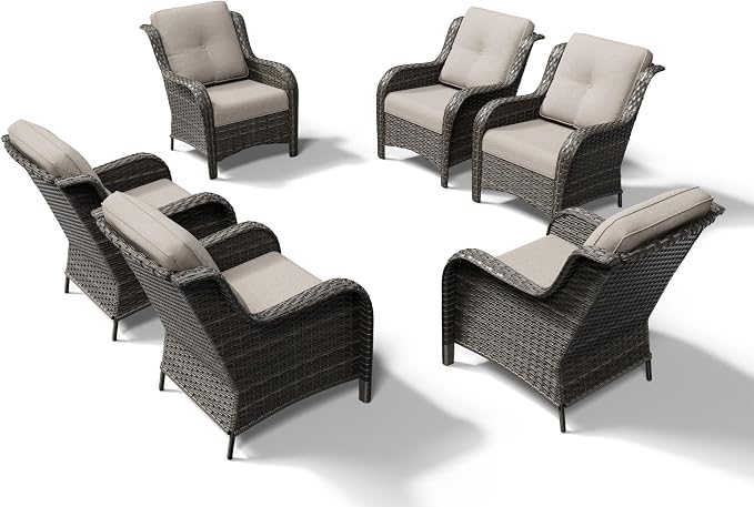 Joyside 6 Piece Wicker Patio Furniture Set, Rattan Patio Chairs with High Back, Deep Seating, Wide Armrest, Thickened Cushions, Outdoor Furniture for Deck, Porch Use