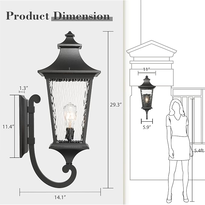 Emliviar 29.3" Large Exterior Wall Light, Outdoor Wall Sconce Suitable for House Porch, Water Ripple Glass in Black Finish, XE292UB-L SW BK
