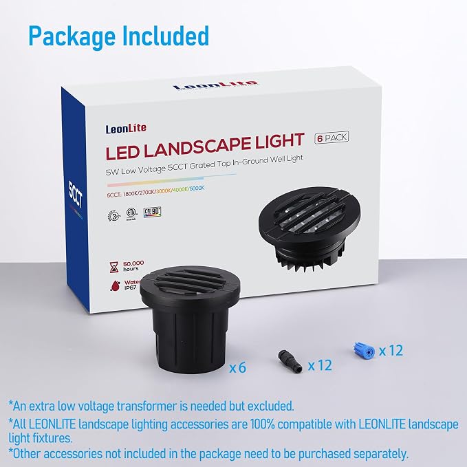 LEONLITE 6-Pack Dia. 4 Inch 5CCT Well Light Grated Top Black | 12-24V AC/DC, CRI90, 1800K/2700K/3500K/4000K/5000K, Landscape LED In Ground Outdoor, Low Voltage Garden Landscaping, Aluminum