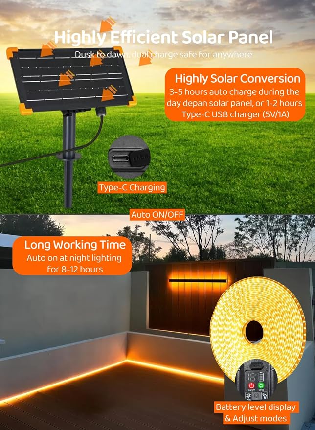 Gaoxun 50ft Solar LED Strip Lights Outdoor, 960 LED, Warm White Flexible Tape Light with Remote Control, Dimmable, 8 Modes, IP68 Waterproof Rope Lights Self-Adhesive for Camping Pool Pathway Decor