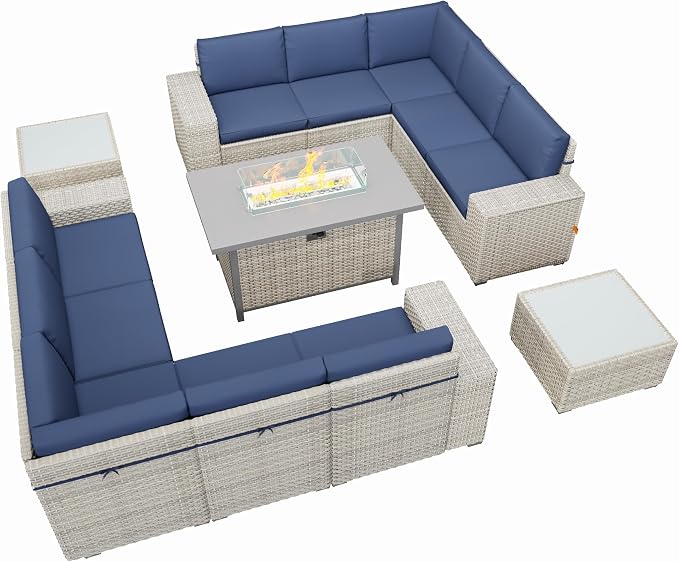 13 Piece Patio Furniture Set with 50,000 BTU Rattan Fire Pit Table that Converts to Coffee Table, 9.8" Wide Arm Sectional Sofa with Storage Armrests, Outdoor Rattan Conversation Set, Blue