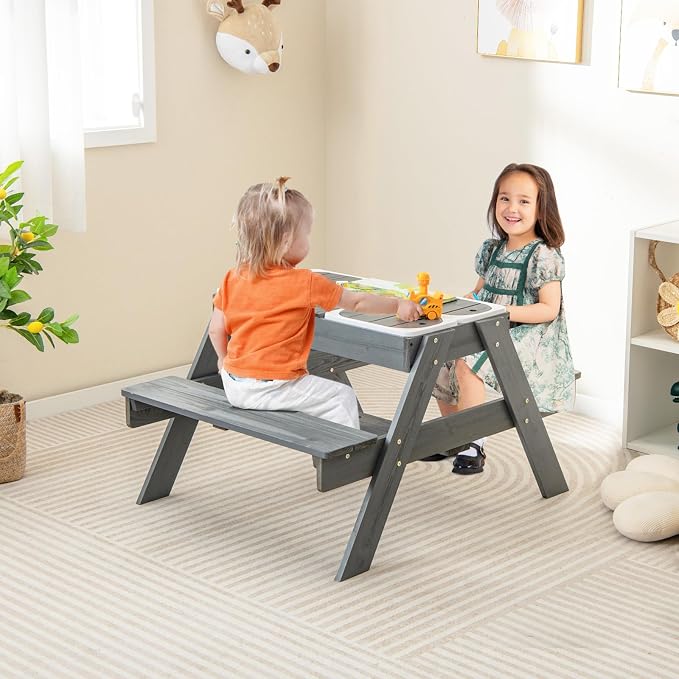 KOTEK Kids Picnic Table, 4 in 1 Sand and Water Table w/Detachable Tabletop, 3 Removable Play Boxes, Foldable & Height Adjustable Umbrella, Wood Sensory Table and Bench for Outdoors, Indoors (Grey)