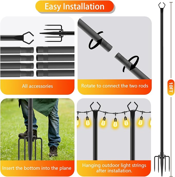 AHRLHR 10 Pack String Light Poles, Outdoor String Light Pole 10 ft Forked Metal Light Pole with Adjustable Outdoor Light Stand, Deck, Backyard, Garden, Wedding, Rustproof and Sturdy with Hooks.