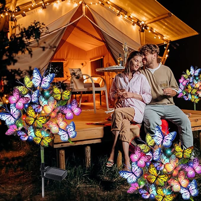 Adecorty Solar Garden Lights Outdoor Waterproof Decorative Solar Lights Outdoor 2 Pack with 44 LED 34 Butterfly Flower Garden Decor Yard Patio Lawn, Gifts for Mother's Day Mom Women