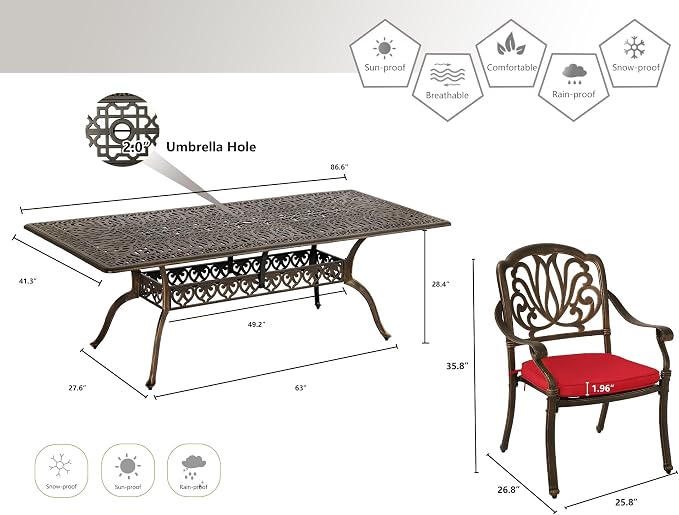 Grepatio 9 Piece Cast Aluminum Outdoor Dining Set, Patio Furniture Set with 2“ Umbrella Hole and 8 Chairs with Cushions, Patio Dining Furniture Set for Porch Poolside Garden (Red)