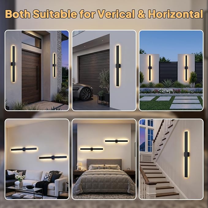 2 Pack LED Outdoor Wall Sconce Dimmable, 3000K 4500K 6000K, 47.2" Modern Black Linear Exterior Lighting Fixtures, IP65 Waterproof Outside Lights for Entrance, Hallway, Garage, Porch