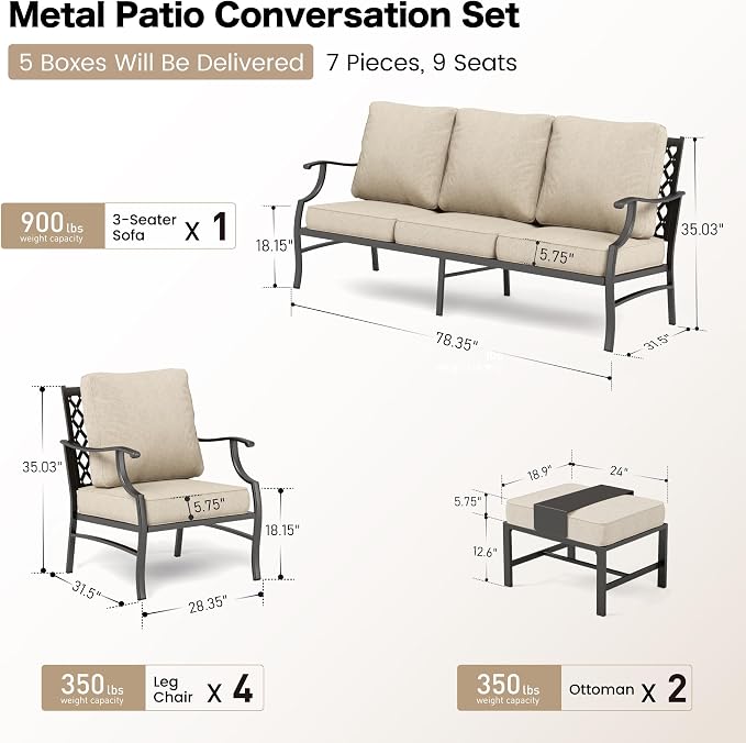 SUNSHINE VALLEY Patio Furniture Set, Modern Metal Outdoor Patio Furniture, 3 Seater Sofa, 4 Single Chairs, 2 Ottomans with 5.75" Extra Thick Cushion, Patio Conversation Set for Backyard Deck