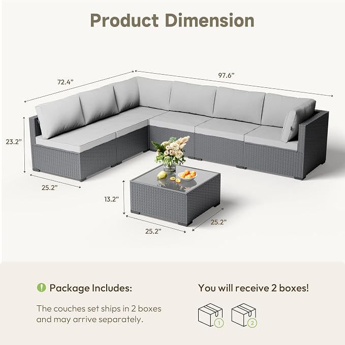 Patio Furniture Set - All-Weather - 7 Piece Patio Outdoor Conversation Set, Modular Wicker Rattan Sectional Sofa for Backyard, Garden, Poolside, Balcony, Porch, Patio,Black/Light Gray