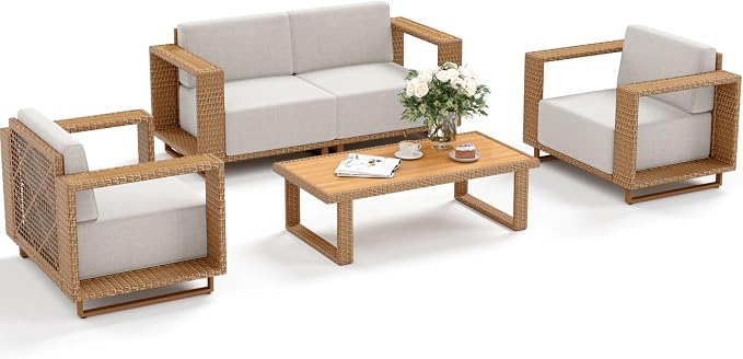 SUNSHINE VALLEY 4 Pieces Patio Furniture Set, Outdoor Rattan Wicker Conversation Set with 10''Ultra-Thick Cushions, Low Profile Patio Conversation Set for Lawn Garden Backyard,Beige