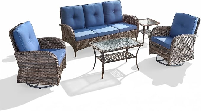 5 Piece Patio Furniture Set - Wicker Patio Conversation Set with Swivel Glider, 3 Seat Sofa, Tempered Glass Side Table and Coffee Table for Deck Backyard - Brown Wicker Blue Cushion