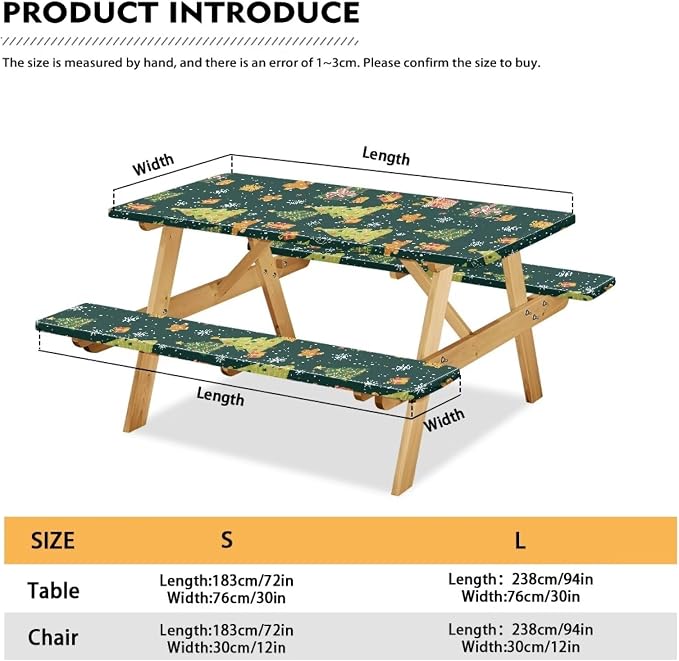 Christmas Picnic Table Cover with Bench Covers Autumn Outdoor Camping Tablecloth Water and Oil Repellent Elastic Waterproof Picnic Table Cover 3 Piece Set for 6 Foot Tables