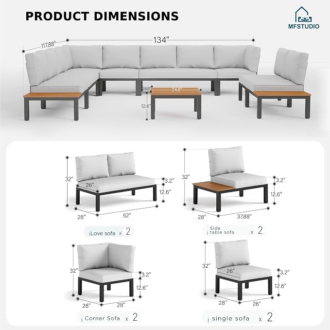 MFSTUDIO 9 Pieces Patio Furniture Set, Metal Outdoor Sectional Sofa Modular Outdoor Couch, Modern Patio Conversation Set with Coffee Table for Backyard, Garden