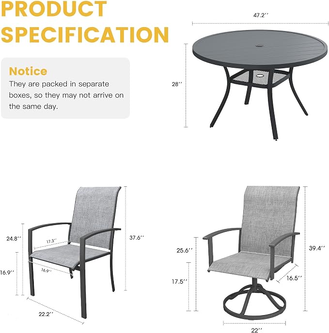 VICLLAX 7 Pieces Patio Dining Set for 6, 47.2" Round Outdoor Table and Chairs (4 Patio Fixed Chairs and 2 Swivel Chairs) for Deck Garden, Dark Grey