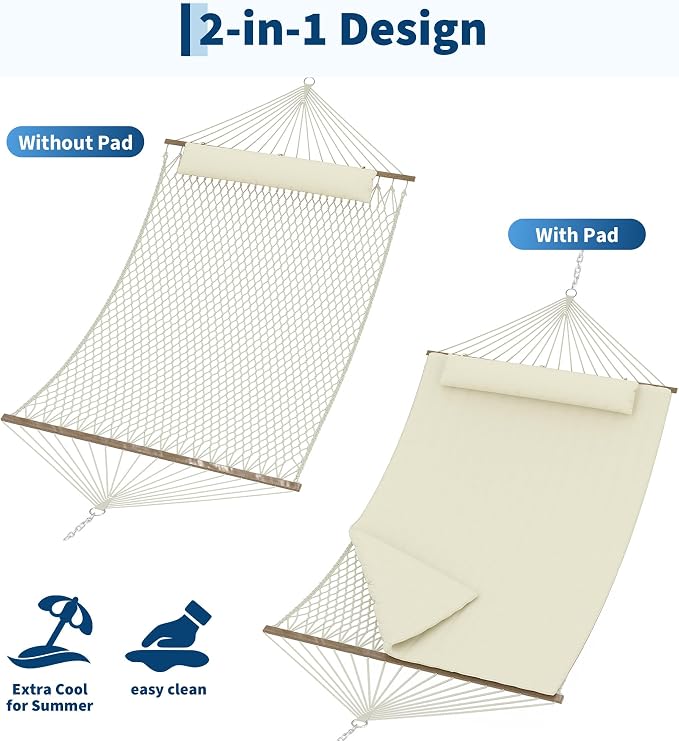 Garvee 2 Person Outdoor Hammock with Stand, Cotton Rope Hammock with Polyester Pad, Adjustable Steel Frame, 2-in-1 Hammock for Patio, Backyard, Garden, Beach (Beige