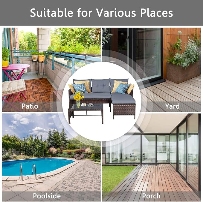 DORTALA Wicker Patio Furniture Set Couch 3 Piece, L-Shaped PE Rattan Outdoor Sectional Sofa Conversation Set with Loveseat, Lounge and Tempered Glass Coffee Table for Garden Lawn Deck, Grey