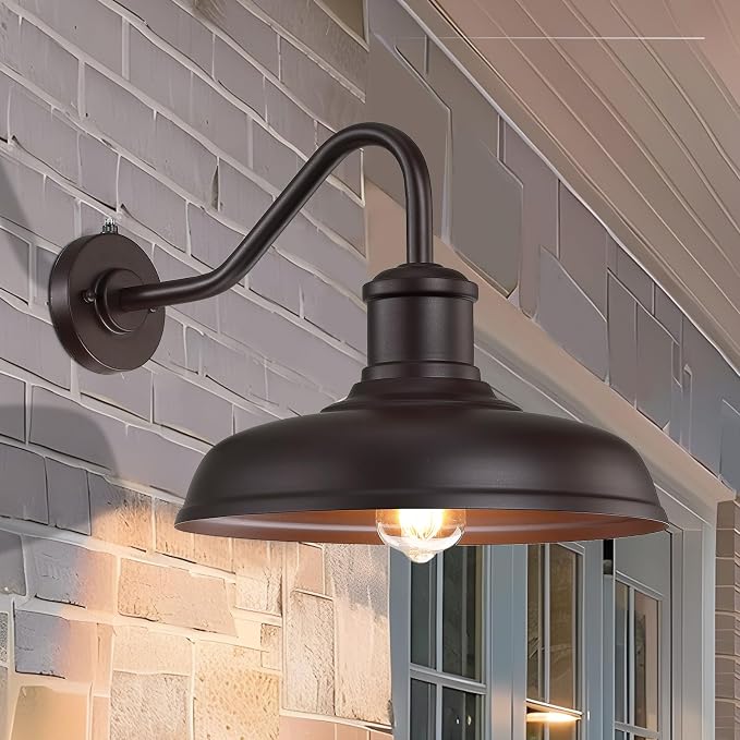 13.8'' Large Dusk to Dawn Outdoor Gooseneck Barn Light, 2 Packs | Outdoor Wall Sconce Farmhouse Exterior Lighting Fixture Industrial Lantern for House, Porch, Entryway, Garage, Brown