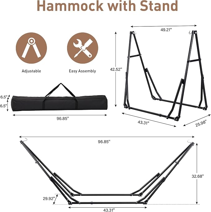 Ainfox Hammock with Foldable Stand, 2 in 1 Hammock and Swinging Chair with Carrying Bag, Portable Camping Chair Suitable for Outside, Swing,Patio,Garden,Camping Trip Coffee
