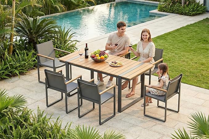 Outdoor Dining Set, Patio Table and Chairs Set, 7 Piece HDPS + Aluminum Patio Furniture Set with Umbrella Hole, Patio Dining Table Set (Gray-Teak)