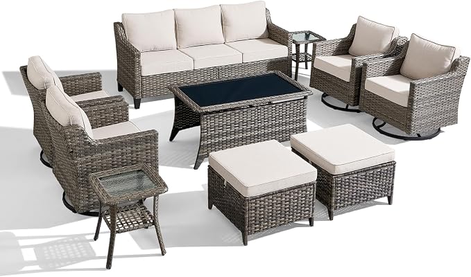 Luxury Patio Furniture sofa Set - 10 Pieces All Weather Wicker Outdoor Couch and High Back Swivel Rocker Patio Chairs with Glass coffee table for Deck Yard and Poolside Gray Wicker | Beige Cushions