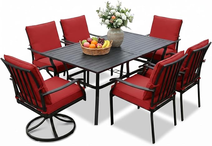 LVUYOYO 7-Piece Outdoor Patio Dining Set, Metal Dining Chair & Rectangular Table Set, All-Weather Furniture for Backyard, Garden,Balcony,Porch (Red)