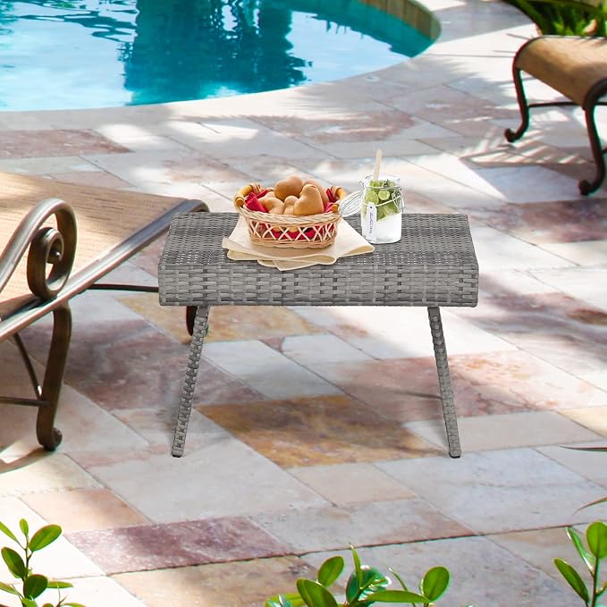 LDAILY Outdoor Side Table, Portable Wicker Coffee Table with Rattan and Steel Frame, All Weather Pre-Assembled Coffee Furniture, Standing Folding Patio for Courtyard, Poolside, Garden (Gray)