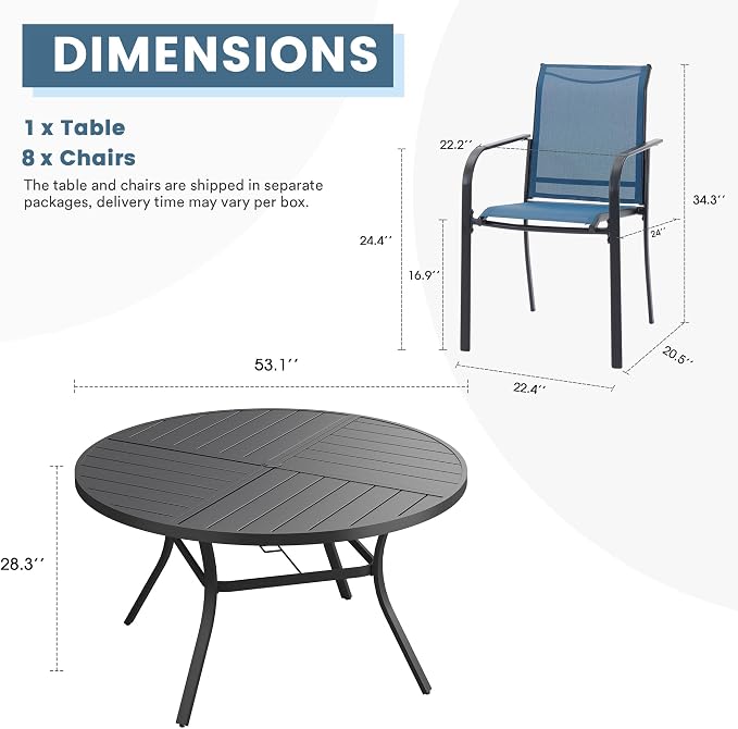 DIFY 9 Pieces Outdoor Patio Dining Set for 8, 53.1" Black Round Metal Dining Table and 8 Blue Stackable Textilene Patio Chairs, Outdoor Table and Chairs for Backyard Garden Poolside