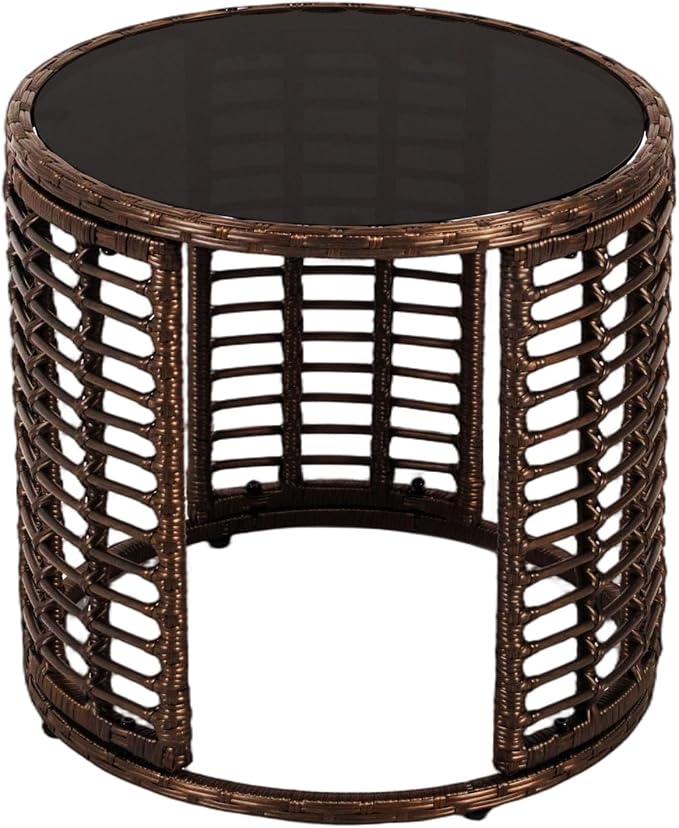Kinfant Round Outdoor Wicker Coffee Table – Patio Side Table with Tempered Glass Top, Ottoman Style End Table for Balcony, Porch, Deck, Garden, Weather-Resistant Rattan, Easy Assembly