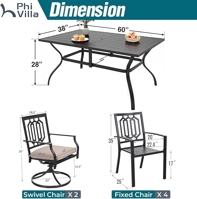 PHI VILLA 7 Pcs Outdoor Dining Set for 6,Metal Table& Fixed Swivel Chairs | 60” Black Rectangular Metal Table with Umbrella Hole,Heavy-Duty Furniture for Patio, Deck, Backyard, Porch