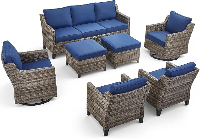 7 Piece Outdoor Patio Wicker Furniture Sets-High Back Outdoor Conversation Set Sectional Sofa with Wicker Swivel Rocker Patio Chairs,Thick Cushions Ottomans for Porch Balcony Patio Deck Grey/Blue