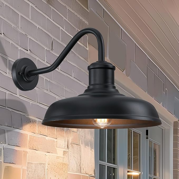 13.8'' Diameter Large Outdoor Gooseneck Barn Light 2 Packs, Black | Outdoor Wall Sconce Farmhouse Exterior Lighting Fixture Industrial Outside Lantern for Porch, Garage (No Sensor)