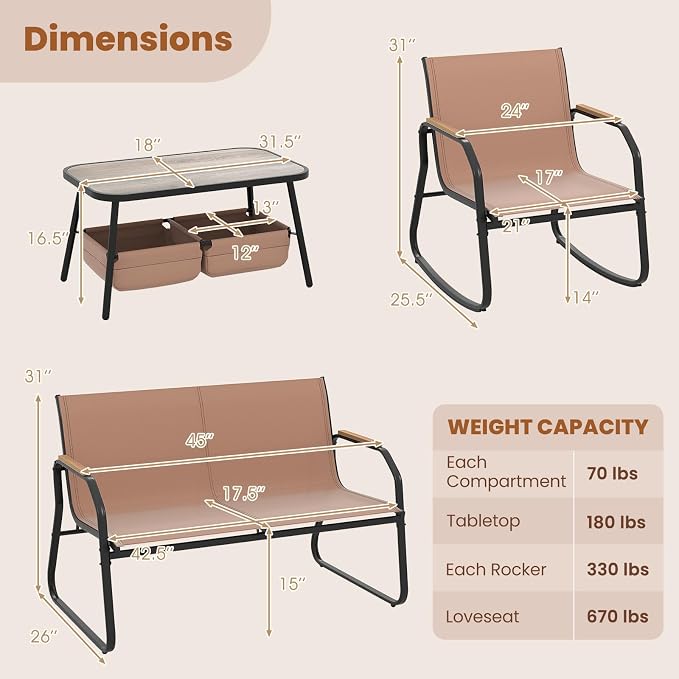 HAPPYGRILL Outdoor Conversation Set with Bistro Rocking Chairs, Loveseat, Storage Coffee Table, Patio Furniture Set with Heavy-Duty Metal Frame, Breathable Mesh Fabric (2)