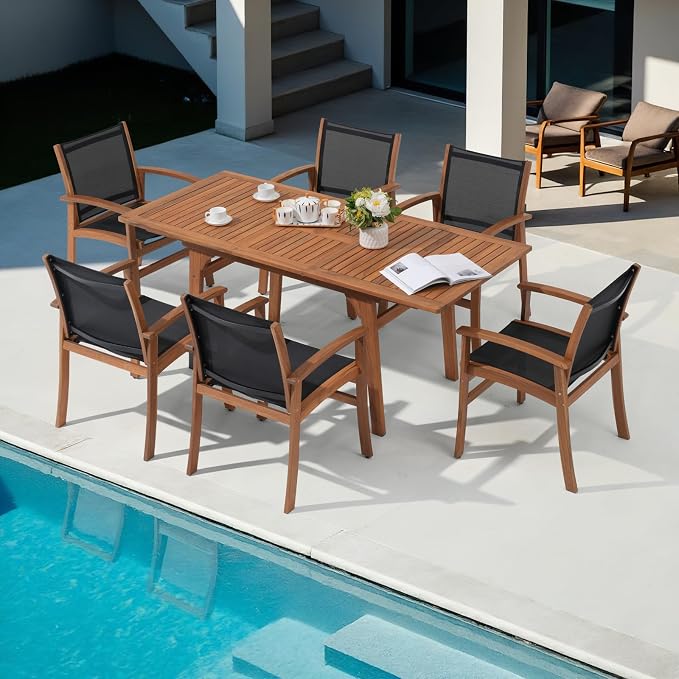 OC Orange-Casual Outdoor Acacia Wood Expandable Table for 6-8, Wooden Rectangular Table with Umbrella Hole and Slat Design, for Patio, Deck, Porch, Backyard, Natural