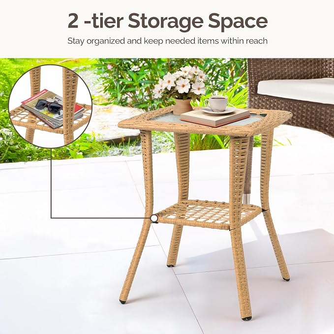 Outdoor Wicker Side Table, Rattan End with Glass Top, Patio Coffee Bistro for Indoor Garden Porch Balcony (Beige)