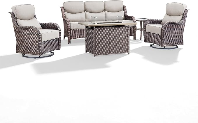 Luxury Patio Furniture Set with 6-inch Thick Cushion, Outdoor Furniture with Fire Pit Table, Swivel Chairs, Side Table, Sofa, 5pcs Wicker Conversation Set for Deck Yard(Brown Wicker/Beige Cushion)
