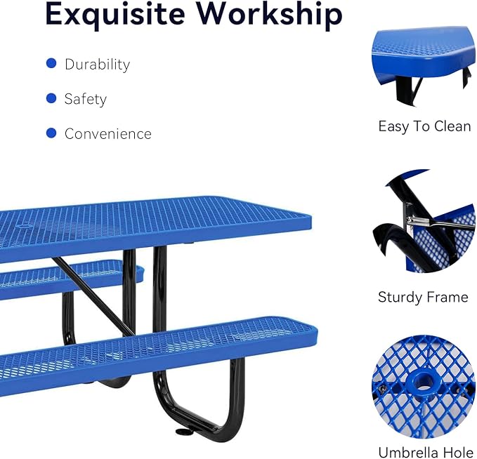 Heavy Duty Picnic Table for Outdoor 1400 lbs Load All Metal Camping Table with Umbrella Hole up to 1.5", Rectangle Dining Table for Commercial Picnic Table with Benches, Blue