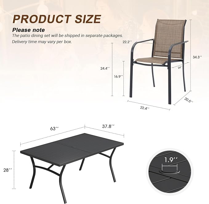 VICLLAX 7 Pieces Patio Outdoor Dining Set, 63" Outdoor Rectangular Metal Dining Table with Umbrella Hole and 6 Stackable Textilene Chairs for Lawn, Garden, Porch, Black/Brown