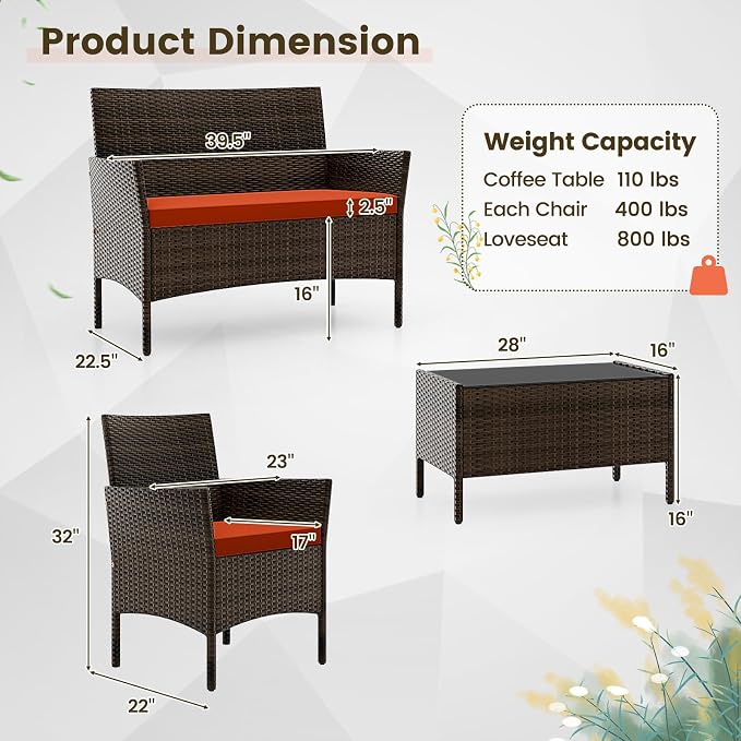 HAPPYGRILL 8 Pieces Outdoor Rattan Conversation Set, Patio Wicker Furniture Set with Loveseat Chairs & Tempered Glass Coffee Table, Outside Sectional Sofa Set for Backyard Garden Poolside, Orange