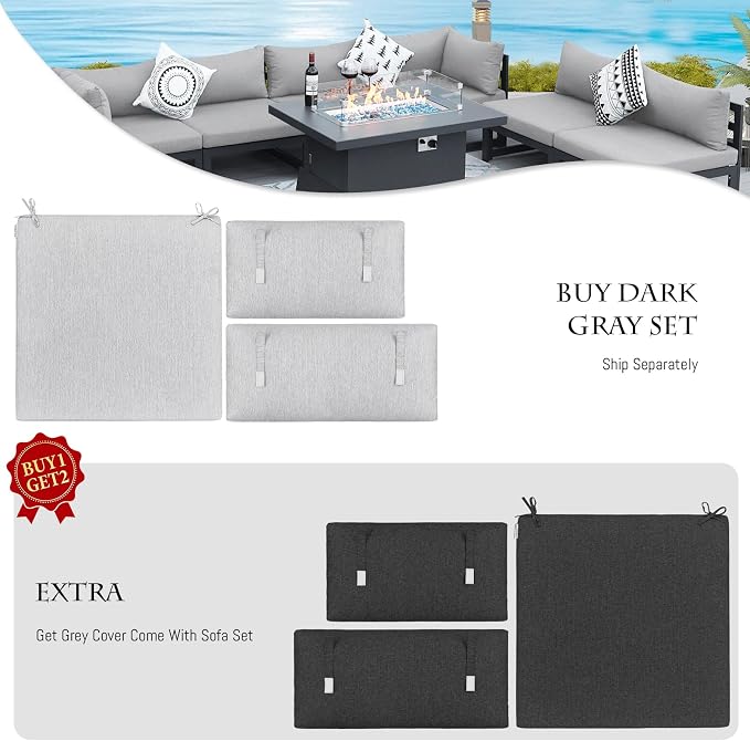 BULEXYARD 9 Piece Oversized Modular Outdoor Furniture Set with Fire Pit Table, 29" Deep Wide Sectional Seating, Heavy Duty Aluminum Frame for 500 lbs, Patio Conversation Set for Poolside, Light Gray