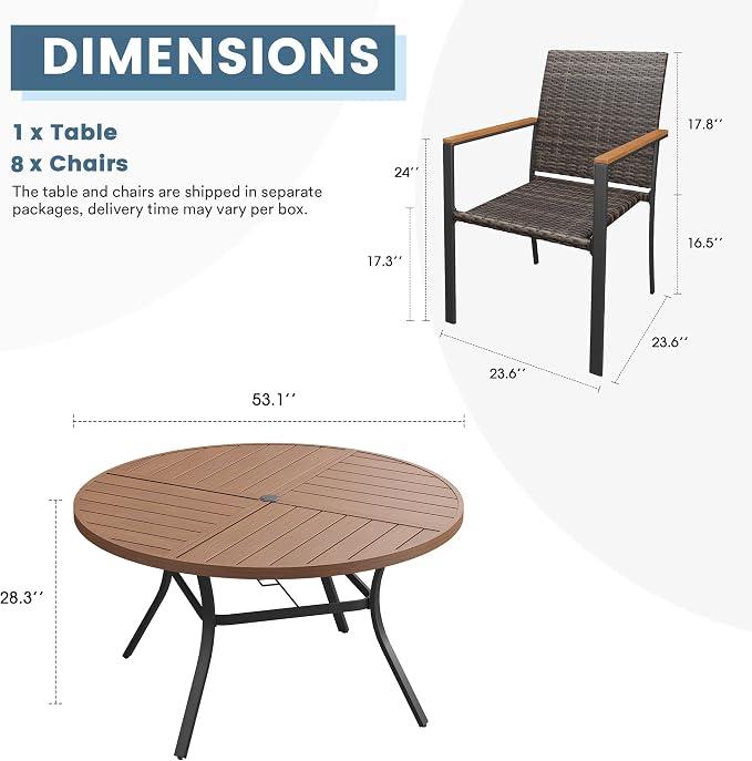 DIFY 9 Piece Patio Dining Set for 8, Wicker Stackable Patio Chairs & 53.1" Round Walnut Metal Dining Table with Umbrella Hole, All Weather Outdoor Table and Chairs Set for Deck Garden Backyard