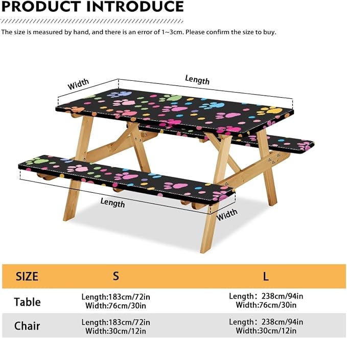 Dog Paw Picnic Table Cover with Bench Covers Waterproof and Breathable Table Covers for 8 Foot Tables 3 Pcs Picnic Table Bench Covers Camping Essentials for Camper, 94x30 Inches