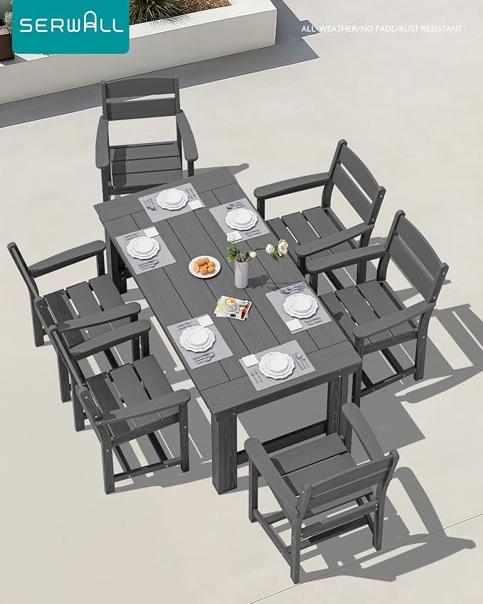 SERWALL HDPE Outdoor Dining Table and Chairs Set for 6 | with Oversized Chair Seat