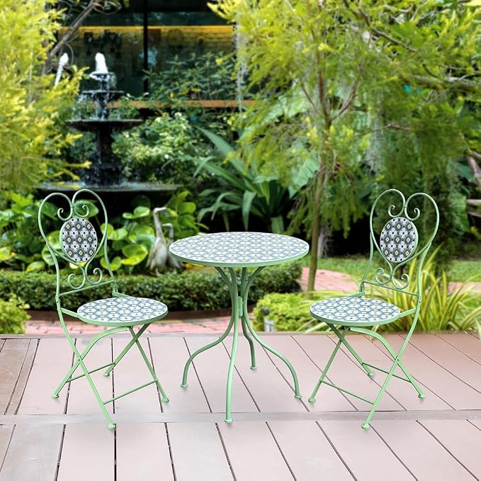 Round Outdoor Side Table Patio Bistro Ceramic Mosaic Patterned Design Tile Top Round Table Outdoor Garden 24 Inch Metal Furniture Dining Table for Yard Balcony Porch Poolside Terrace Green