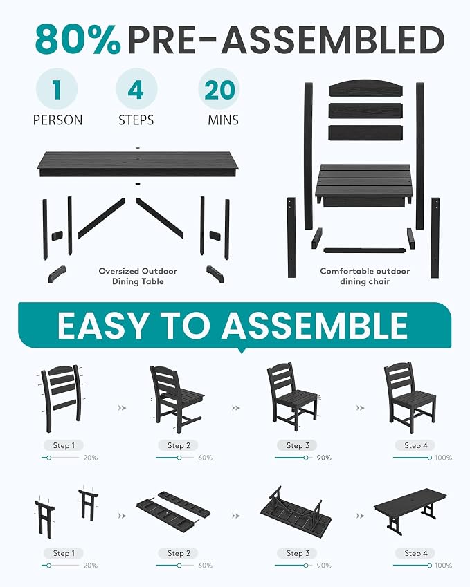 SERWALL 10 Piece Outdoor Dining Set with 15ft Triple-Head Foldable Umbrella(Based not Included), 84" HDPE Outdoor Table and Armless Chairs Set for 8, Black